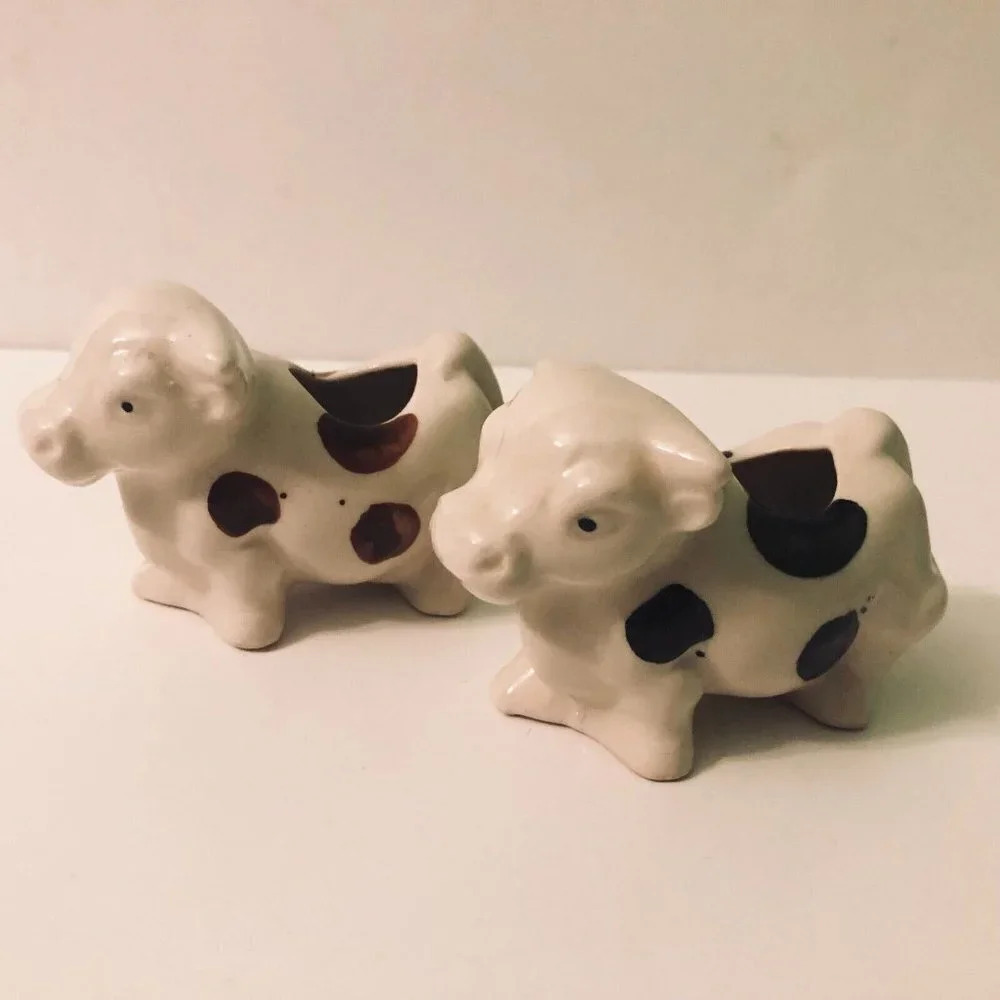Vintage Lot of 2 Ceramic Cow With Spots Toothpick Holder Japan